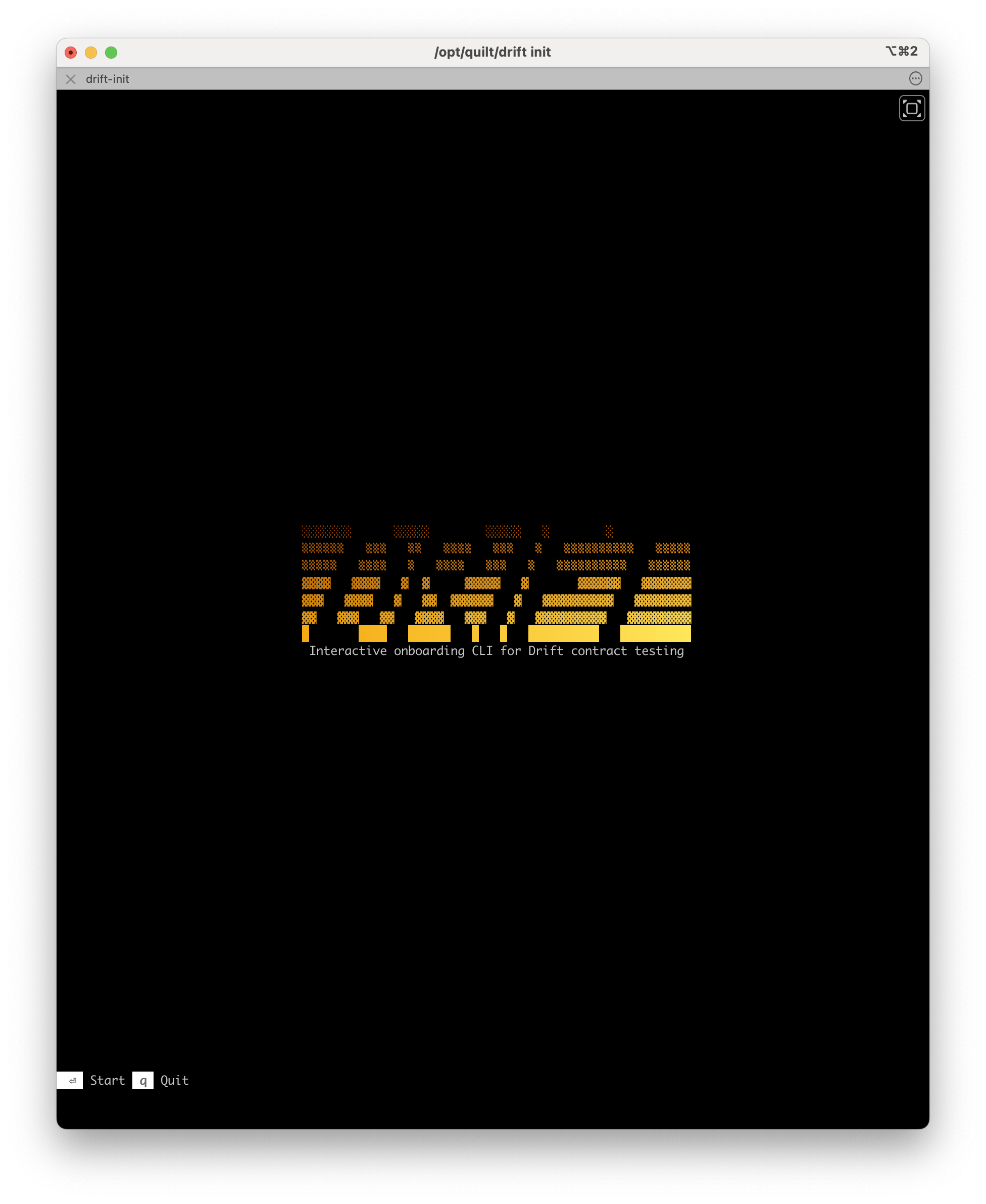 The drift init welcome screen, showing an amber ASCII-art drift init logo on a black terminal background. Keyboard shortcuts shown: s to Start, q to Quit.