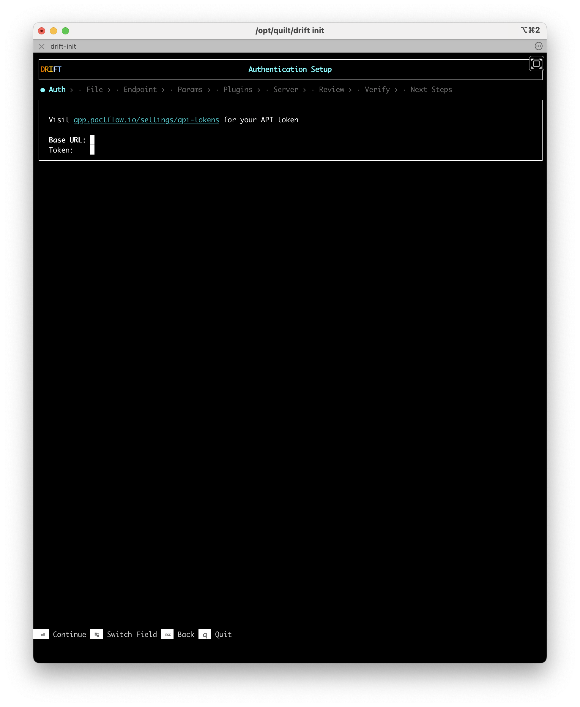 The Auth screen with no credentials set. Two empty fields are shown: Base URL and Token. A link to app.pactflow.io/settings/api-tokens is shown above the fields.
