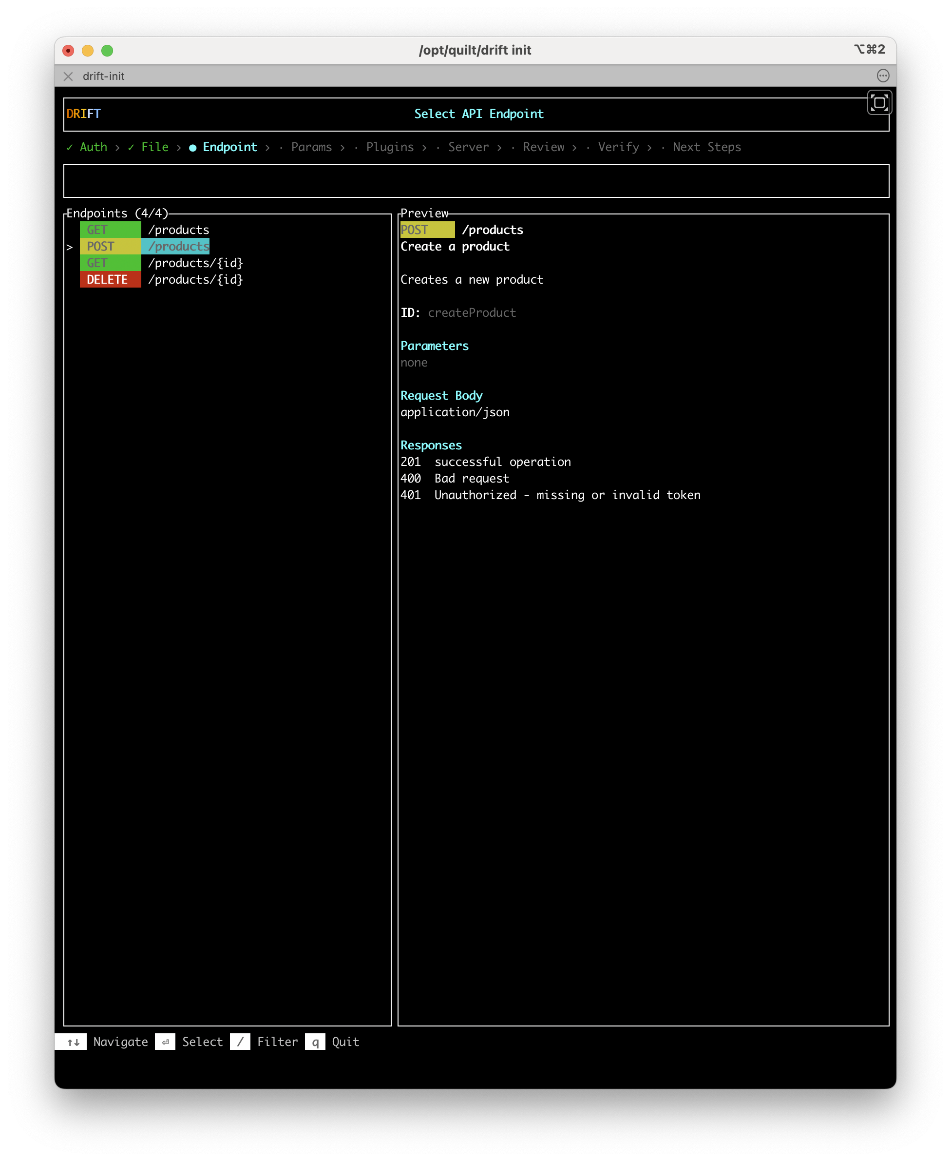 The Endpoint selection screen. The left panel lists four endpoints: GET /products, POST /products (highlighted), GET /products/id, DELETE /products/id. The right panel previews POST /products: "Create a product", request body application/json, responses 201/400/401.