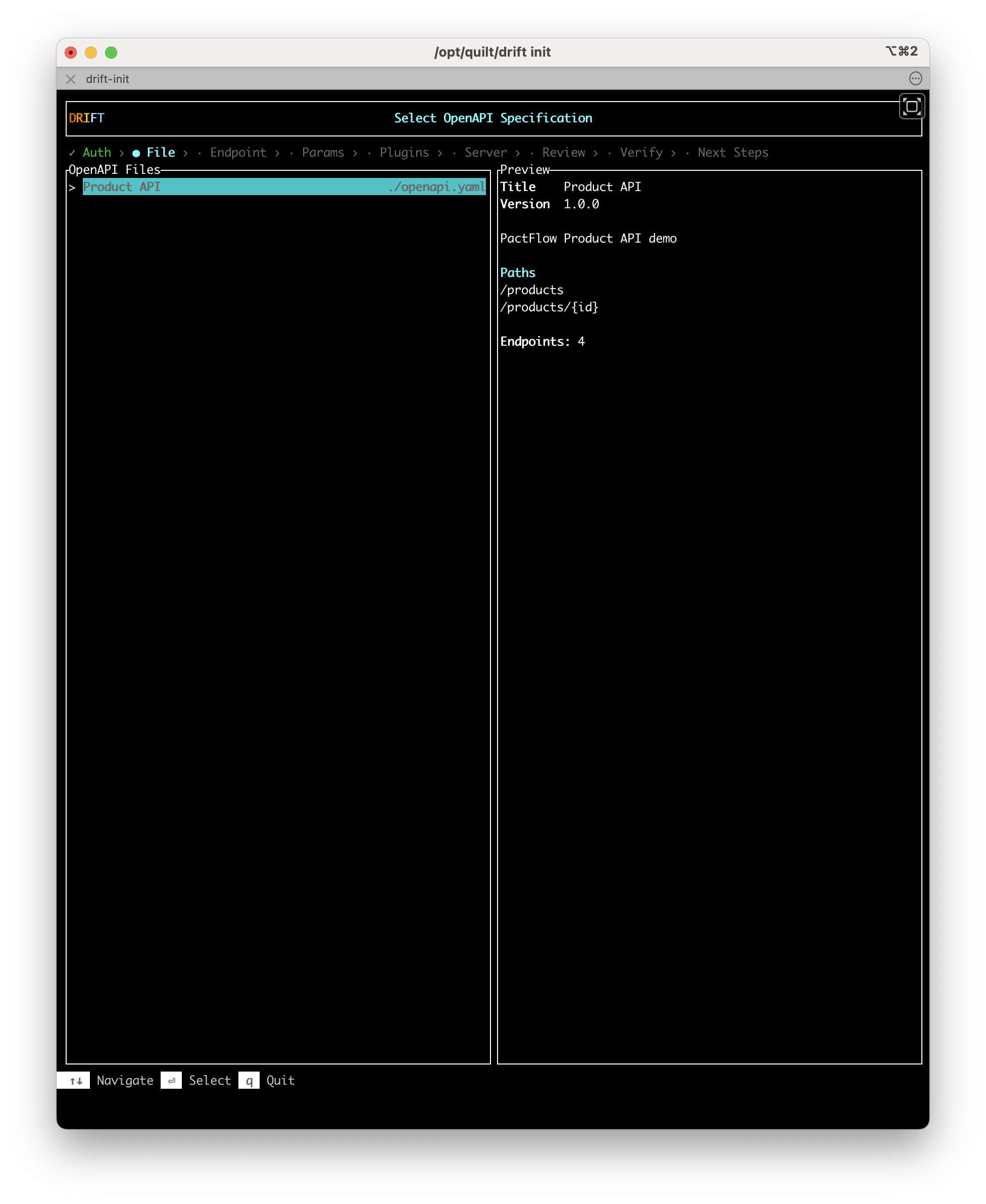 The File selection screen. The left panel lists detected OpenAPI files, with "Product API" highlighted. The right panel shows a preview: Title "Product API", Version 1.0.0, paths /products and /products/id, Endpoints: 4.
