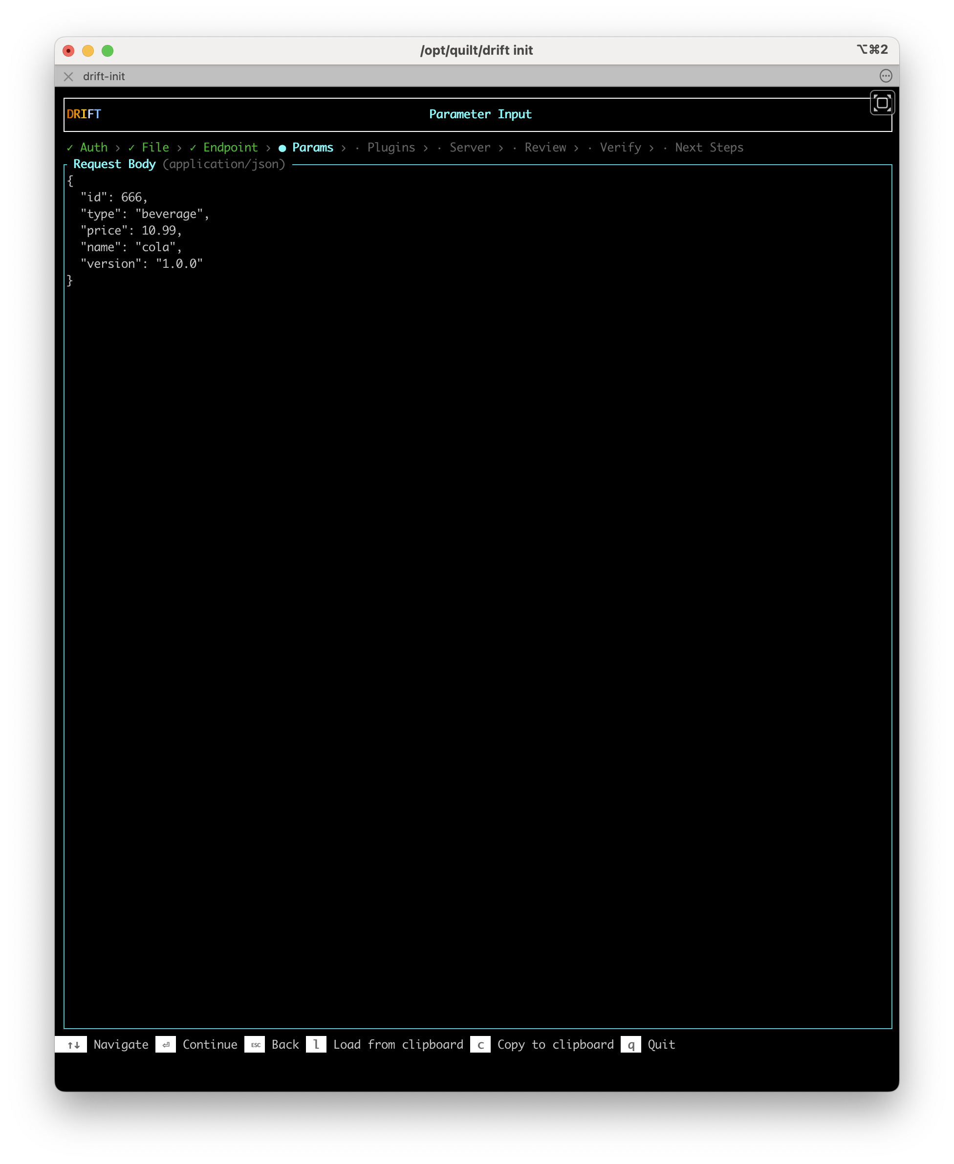 The Parameter Input screen showing a pre-populated JSON request body: id, type, price, name, and version fields filled from OAD examples. Keyboard shortcuts include Load from clipboard and Copy to clipboard.