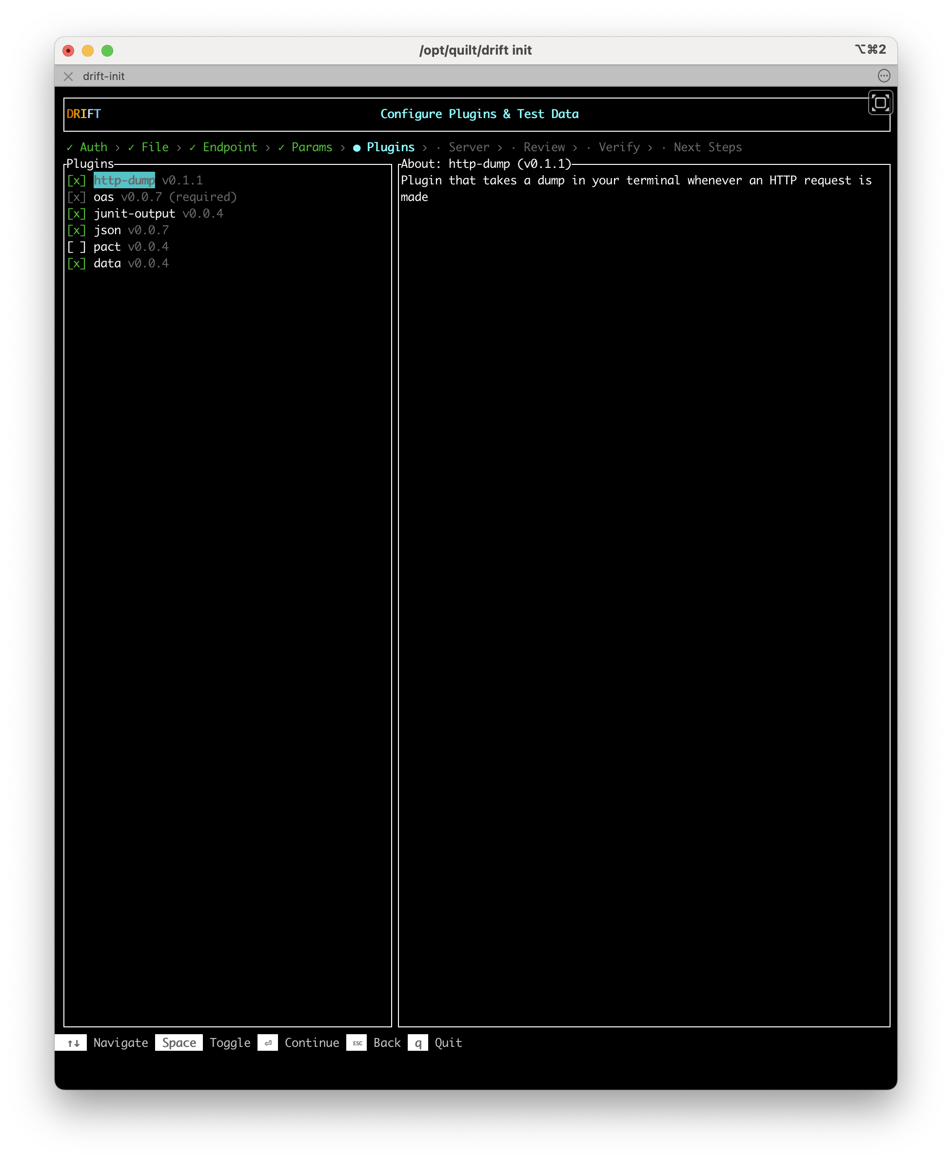 The Plugins screen. A checklist shows: http-dump v0.1.1 (selected, highlighted), oas v0.0.7 (required), junit-output v0.0.4 (selected), json v0.0.7 (selected), pact v0.0.4 (unselected), data v0.0.4 (selected). The right panel shows the http-dump description.