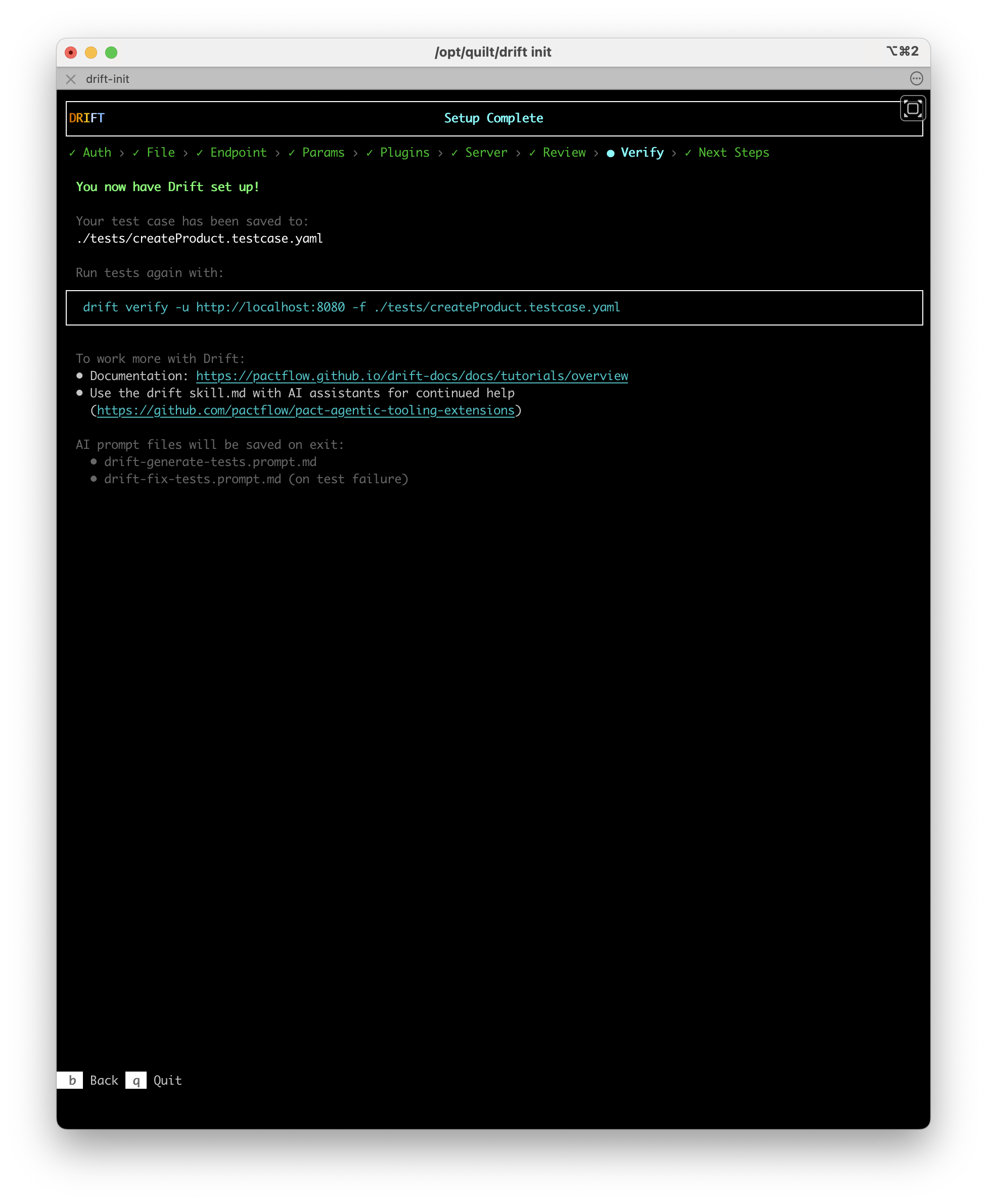 The drift init Next Steps screen. The breadcrumb at the top shows all steps completed: Auth, File, Endpoint, Params, Plugins, Server, Review, Verify, Next Steps. The screen shows the saved test file path, the drift verify command to re-run it, links to the docs and the Drift AI skill, and a note that AI prompt files are written on exit.