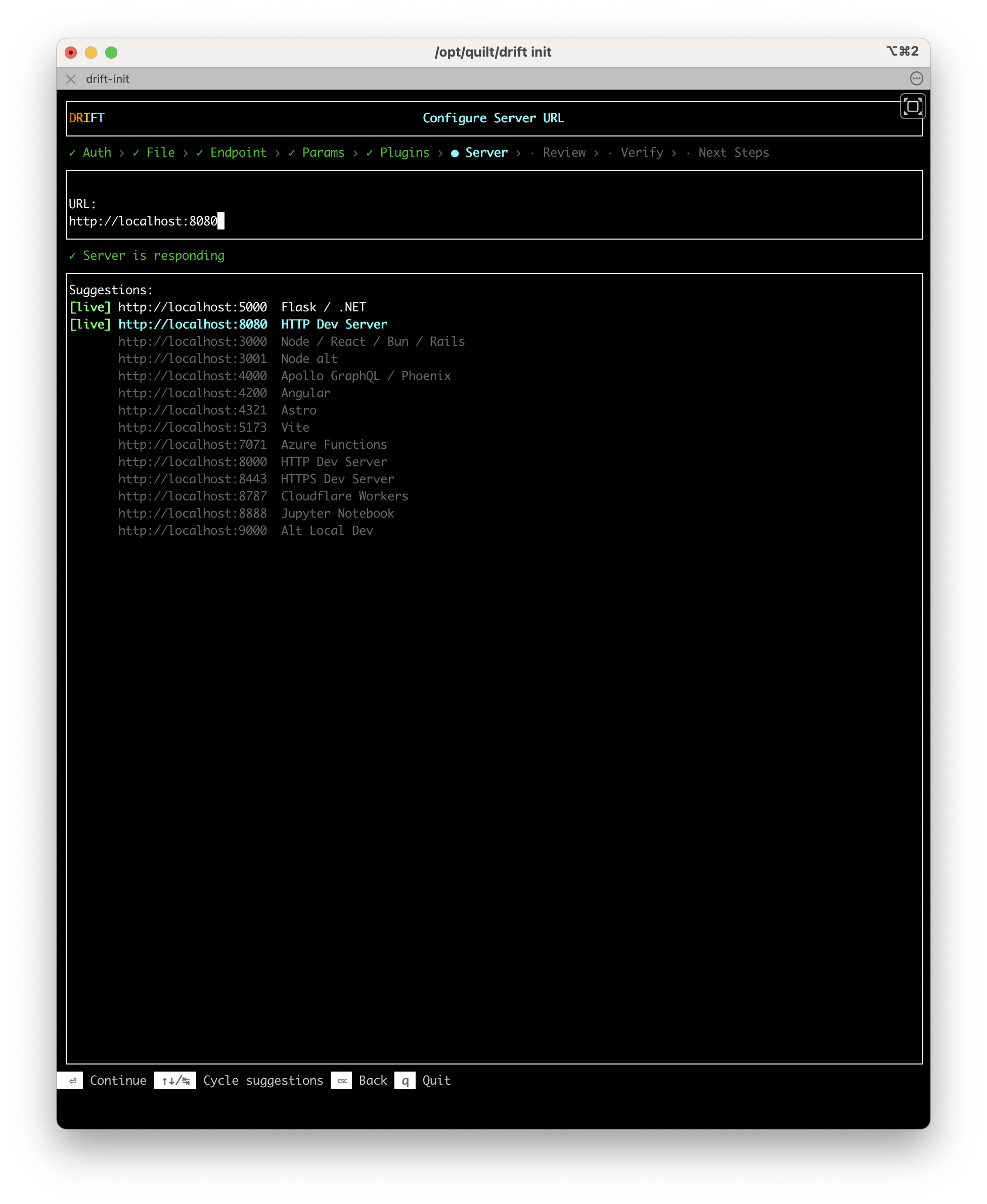 The Server screen. A URL field shows http://localhost:8080. Below it, a green "Server is responding" message. A Suggestions list shows common localhost ports; :5000 and :8080 are marked as live.